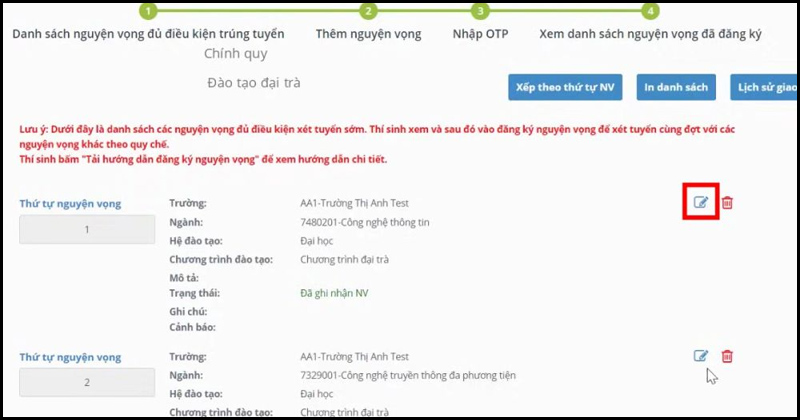Chỉnh sửa các nguyện vọng khi có nhu cầu
