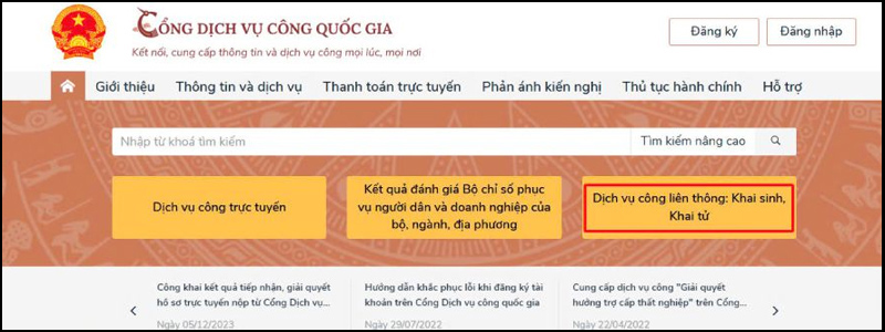 Chọn Dịch vụ công liên thông: Khai sinh, Khai tử