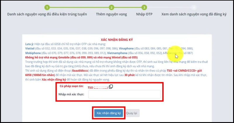 Soạn tin nhắn mà hệ thống yêu cầu để nhận mã OTP xác thực