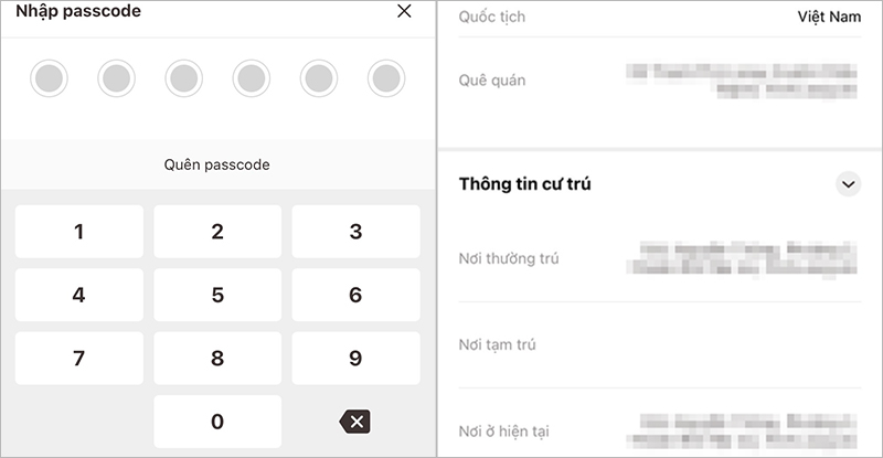Nhập passcode để xem thông tin cư trú