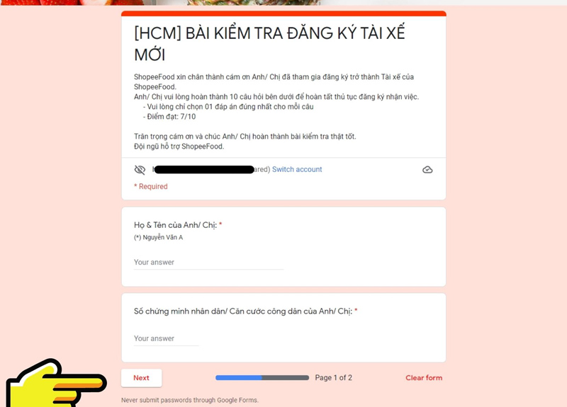 Điền thông tin cá nhân, nhấn Next để tiếp tục 