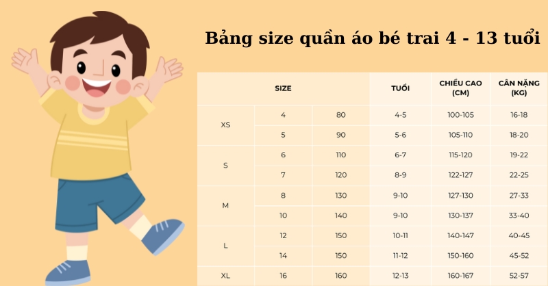 Size quần áo cho bé trai từ 4–13 tuổi