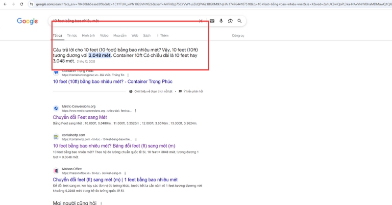 Sử dụng công cụ tìm kiếm Google để feet sang mét