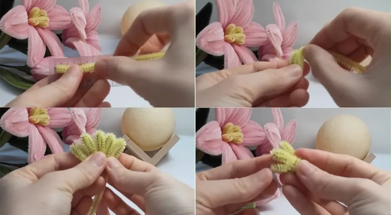 Làm nhụy hoa ly bằng cách gập kẽm nhung màu vàng theo hình zic zac