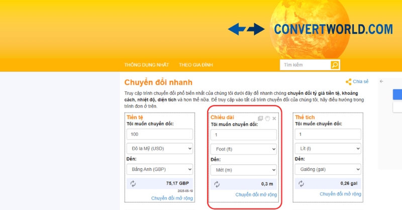 Sử dụng trang web Convert World để feet sang mét