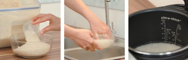 Vo gạo và đong nước để làm cơm cháy