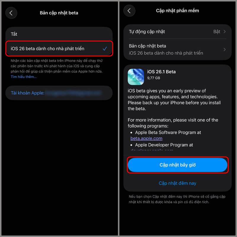Cập nhật iOS 26.1 beta cho điện thoại iPhone
