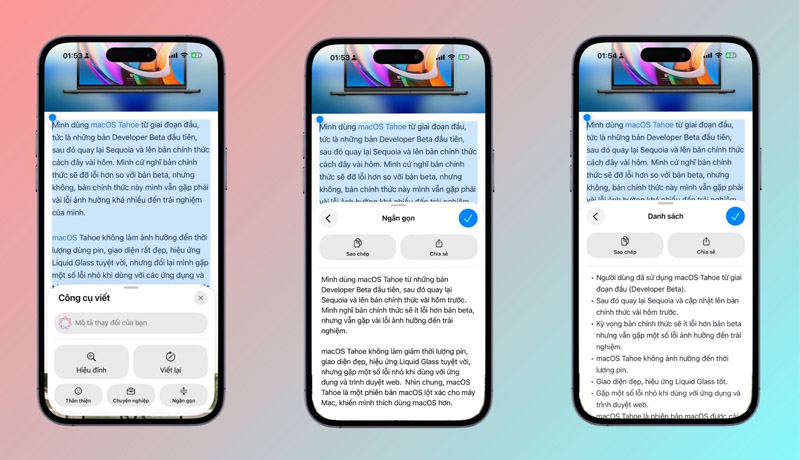 Writing Tools trên iOS 26.1 beta 1 đã được hỗ trợ tiếng Việt