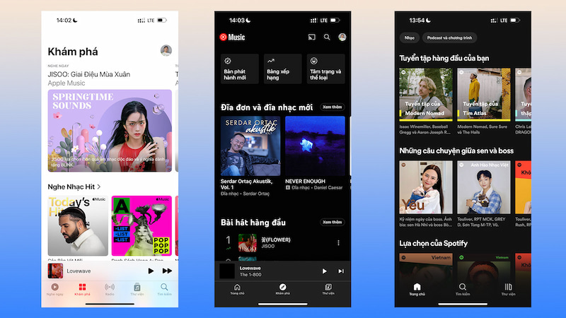 Giao diện Spotify, Apple Music và YouTube Music