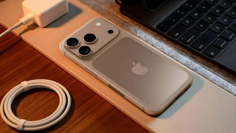 iPhone 17 Pro đặt trên bàn làm việc với phụ kiện sạc MagSafe tiện lợi