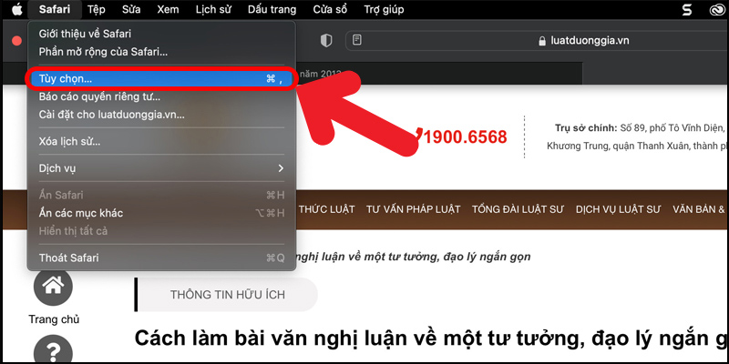 Nhấn chọn Safari trên thanh menu, click vào mục Tùy chọn 
