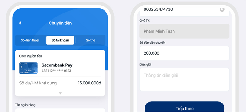 Bạn chọn chức năng chuyển tiền đến số tài khoản