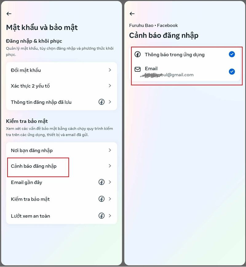Trong phần “Mật khẩu và bảo mật”, chọn vào “Cảnh bảo đăng nhập”