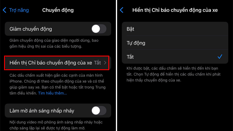 Chọn Chỉ báo chuyển động của xe và bật nó lên