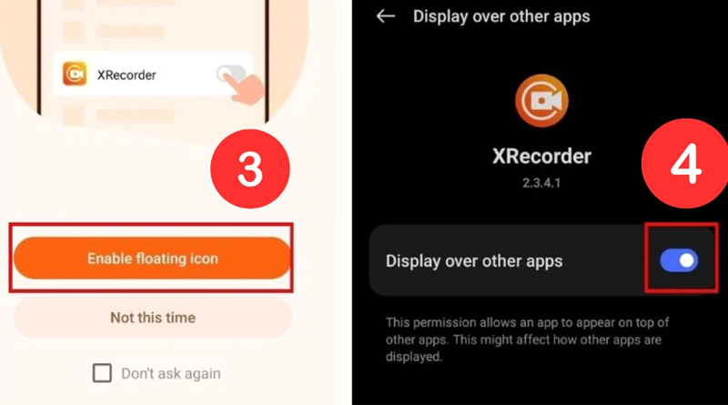 Bật Enable floating icon và bật Display over other apps để cho phép ghi âm