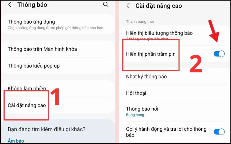 Gạt công tắc sang phải tại mục Hiển thị phần trăm pin