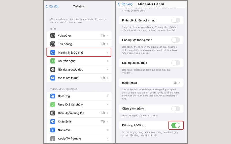 Trong Màn hình & Cỡ chữ tùy chỉnh độ sáng tự động cho iPhone