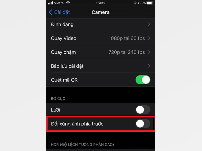 Bật/tắt mirror front camera trong Cài đặt iPhone