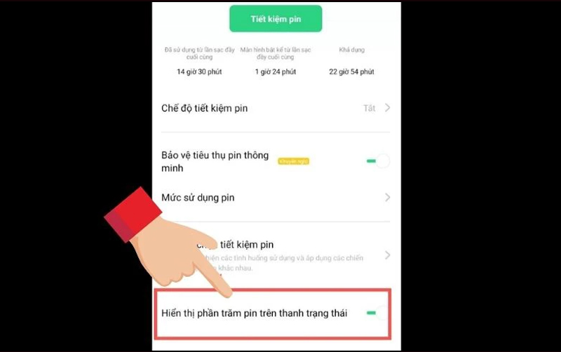 Gạt công tắc sang phải tại mục Hiển thị phần trăm pin trên thanh trạng thái 