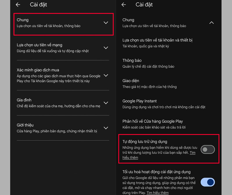 Chọn mục chung và bật tính năng Tự động lưu trữ ứng dụng
