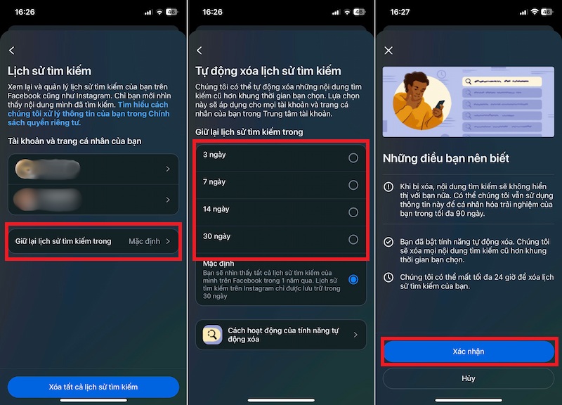 Chọn thời gian xóa lịch sử tìm kiếm Instagram