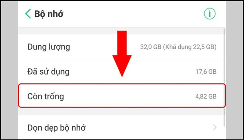 Bộ nhớ khả dụng trên điện thoại Android sẽ được hiển thị