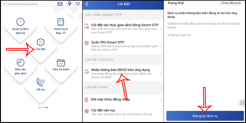 Bật thông báo BIDV theo các bước sau