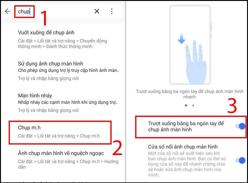 Bật tùy chọn Trượt xuống bằng ba ngón tay để chụp ảnh màn hình