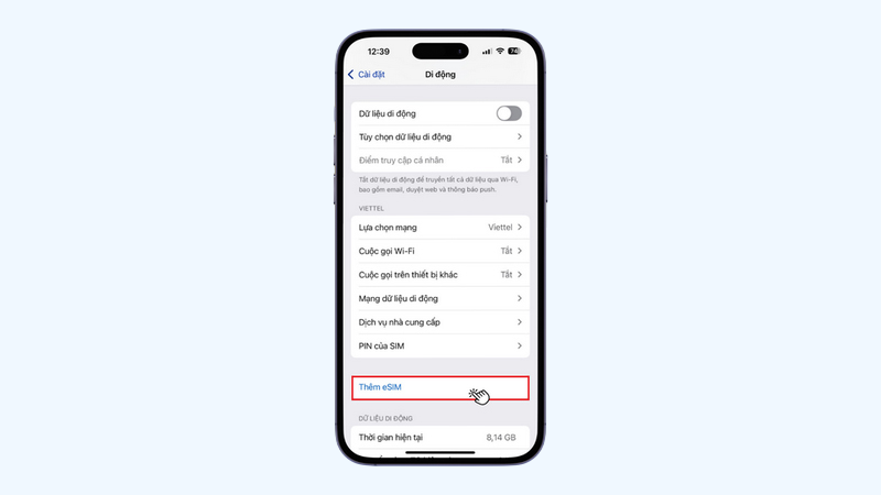 Vào Cài đặt chọn di động và thêm eSIM khi đổi iPhone