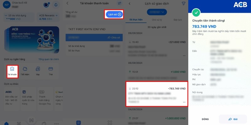 Cách xem lịch sử giao dịch qua ứng dụng ACB One