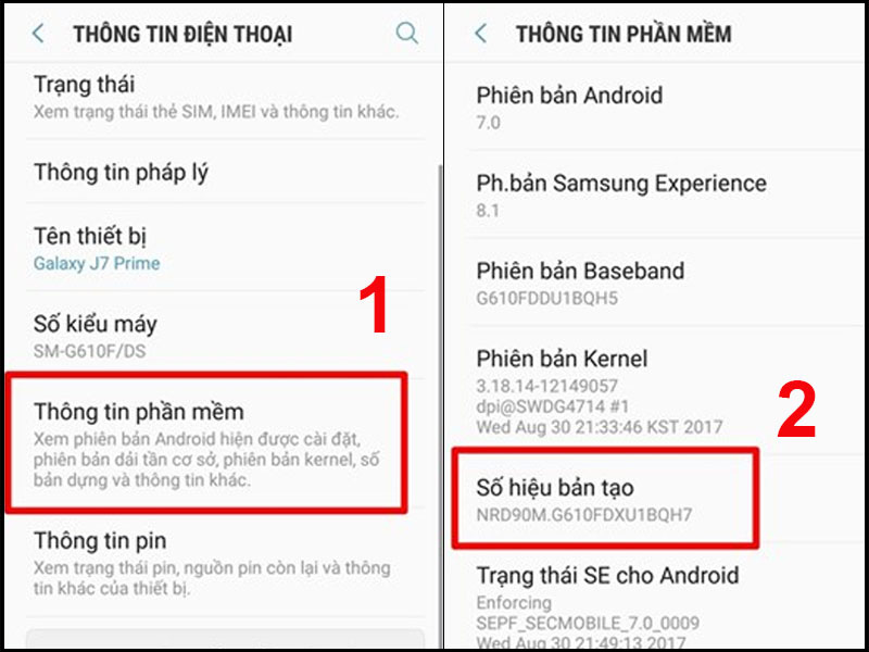 Ghi lại số bản dựng của điện thoại để kiểm tra