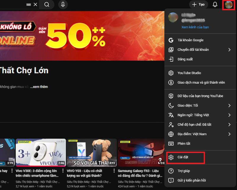 Cài đặt Youtube