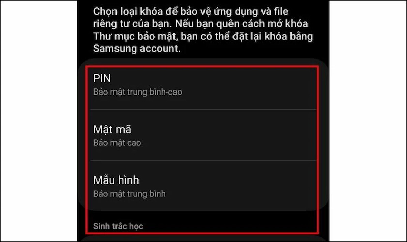 Chọn loại khóa bảo vệ Thư mục bảo mật