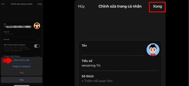 Chọn ảnh từ thư viện và nhấn “Xong” để đổi avatar Threads
