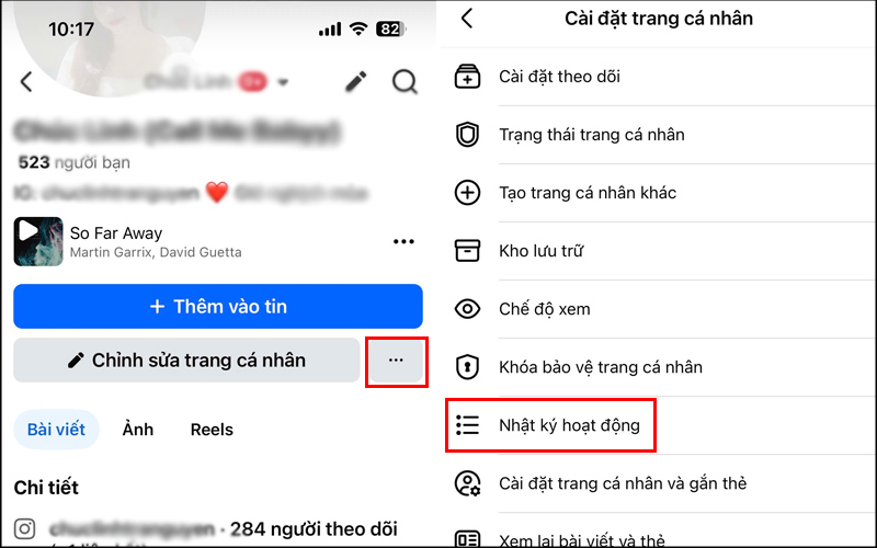 Trong trang cá nhân chọn biểu tượng dấu ba chấm và Nhật ký hoạt động
