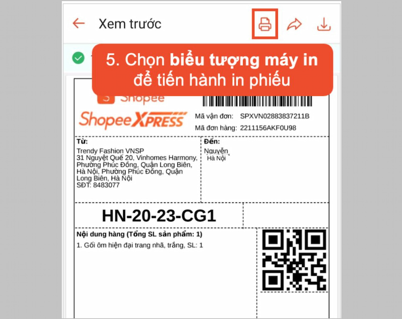 Chọn biểu tượng máy in để tiến hành in phiếu 