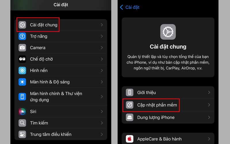 Chọn Cập nhật phần mềm tại giao diện Cài đặt chung