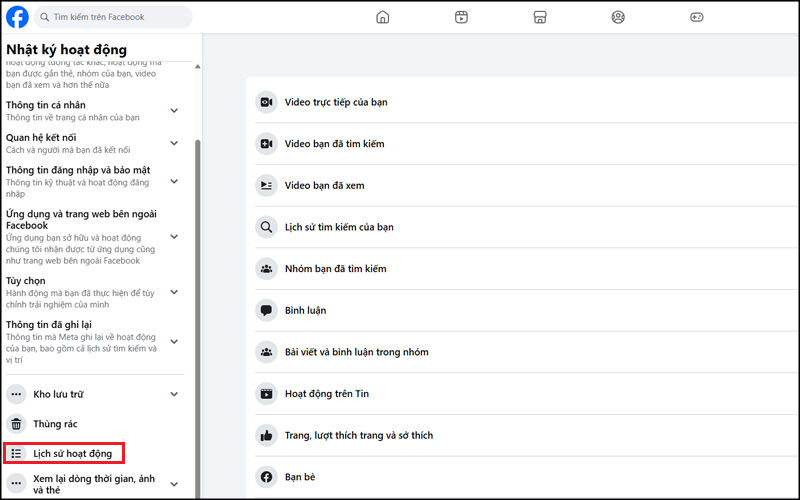 Chọn Nhật ký hoạt động trong Cài đặt và quyền riêng tư