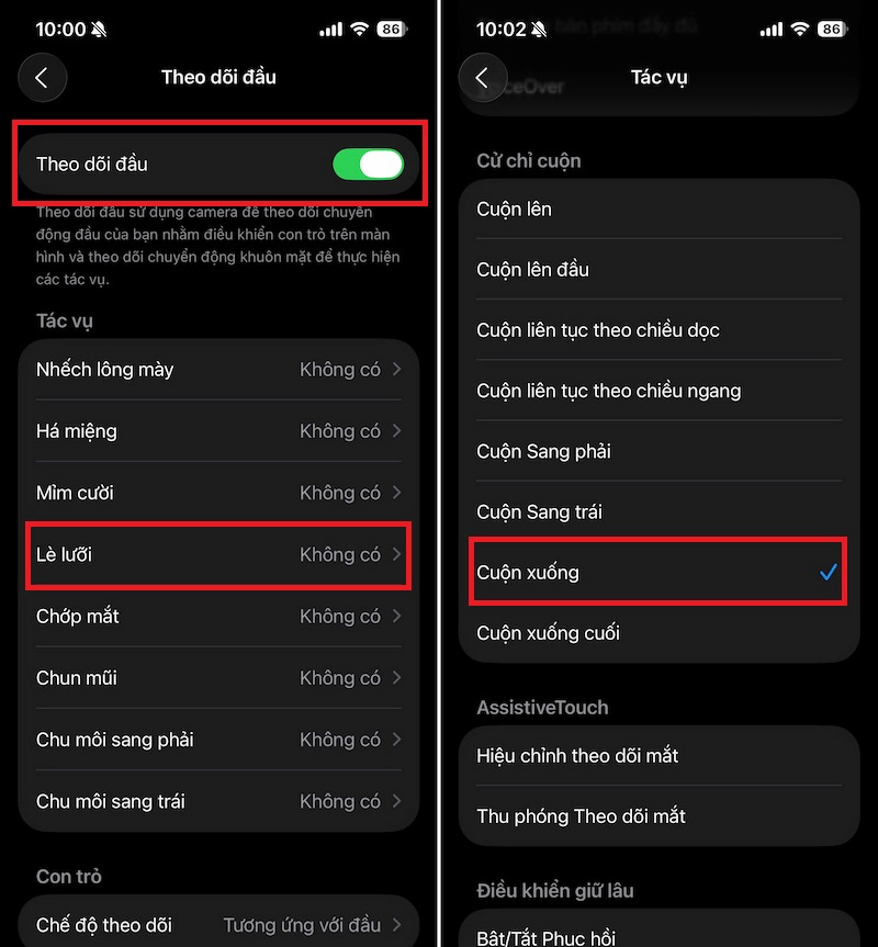 Gán hành động Cuộn xuống cho cử chỉ lè lưỡi