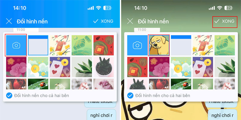 Chọn hình nền từ thư viện hoặc mặc định và nhấn Xong để lưu