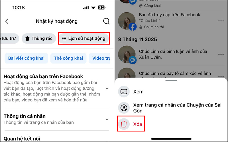 Xóa Lịch sử hoạt động bằng cách nhấn vào biểu tượng dấu ba chấm