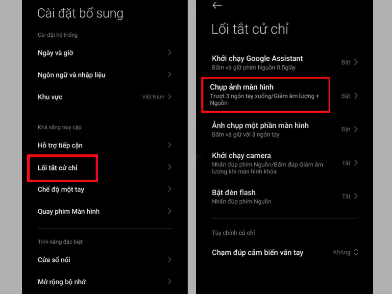 Nhấn vào mục Chụp ảnh màn hình tại Lối tắt cử chỉ 