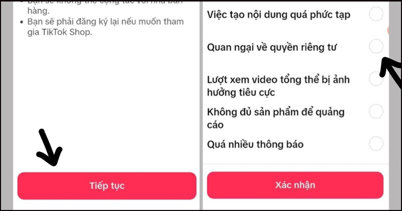 Chọn lý do muốn xóa TikTok Shop, sau đó bấm Xác nhận