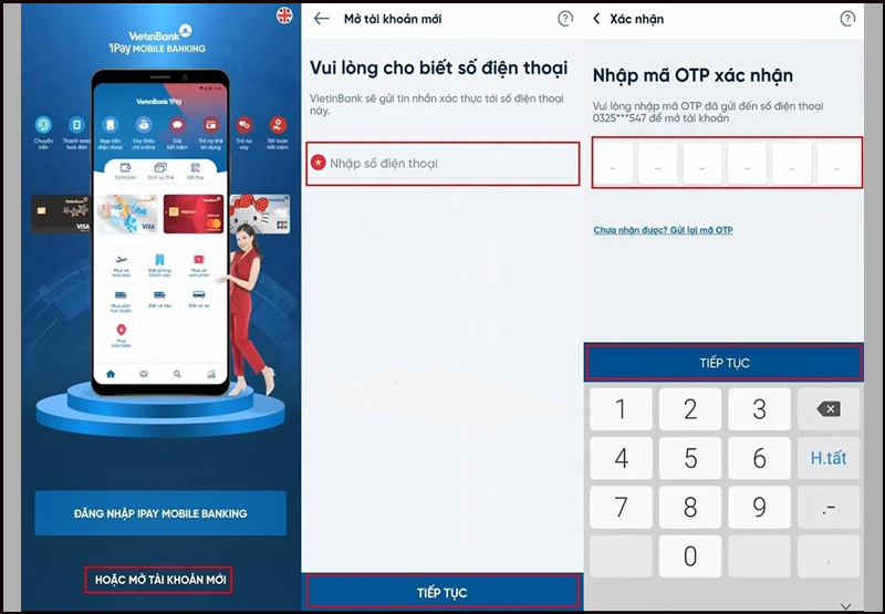 Chọn tính năng Mở tài khoản mới, sau đó nhập số điện thoại 