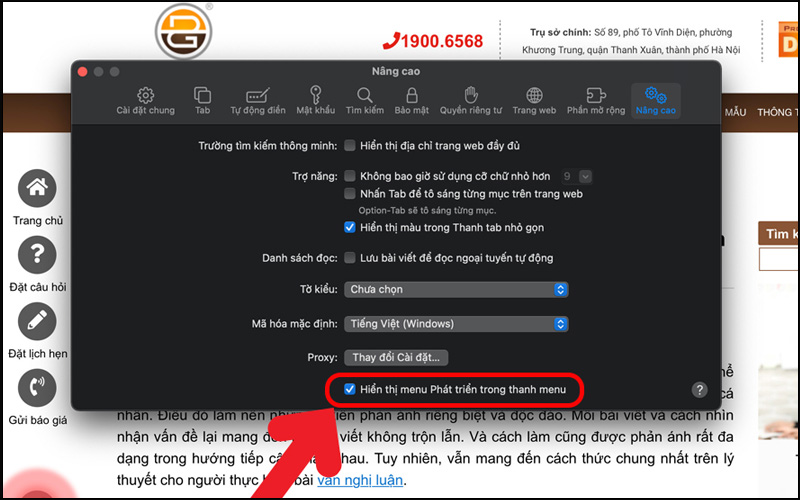Nhấn chọn Hiển thị menu Phát triển trong thanh menu