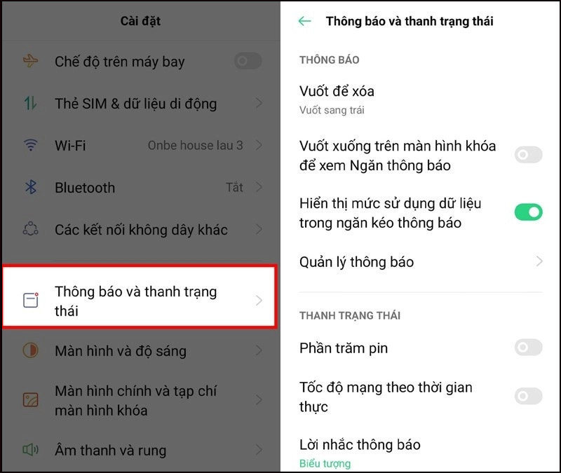 Nhấn vào mục Thông báo và thanh trạng thái 