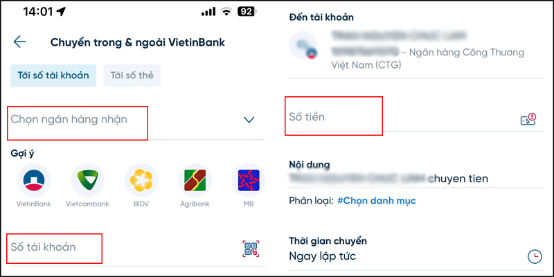 Nhập thông tin chuyển tiền và xác thực