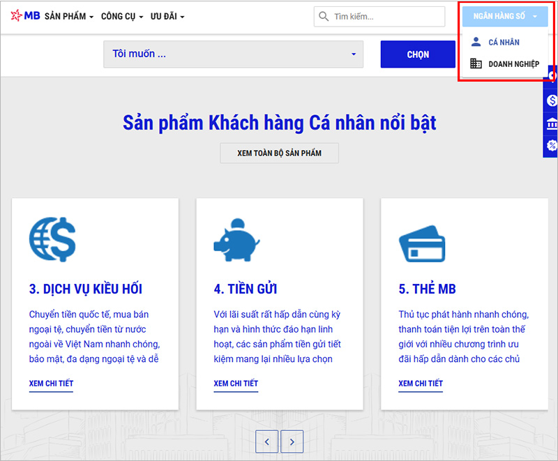 Chọn "Ngân hàng số" > Chọn "Cá nhân"