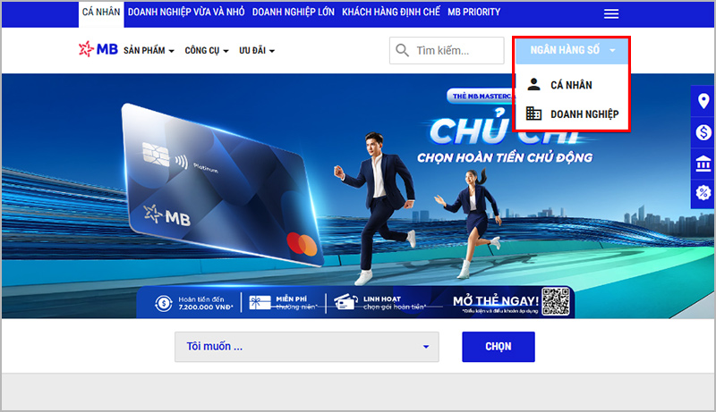 Tại giao diện trang chủ, chọn phần "Ngân hàng số", sau đó chọn "Cá nhân"