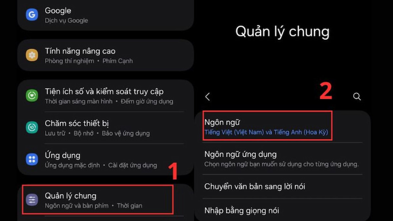 Chọn mục Ngôn ngữ